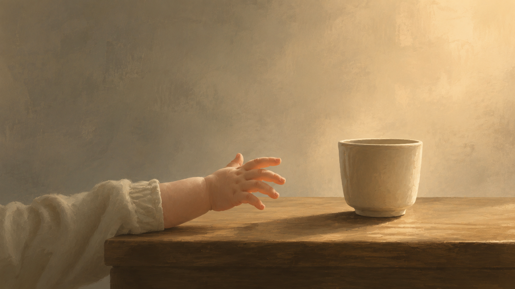 A baby reaching toward cup.