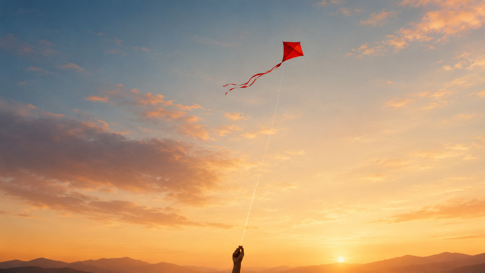 A red kite flying high.